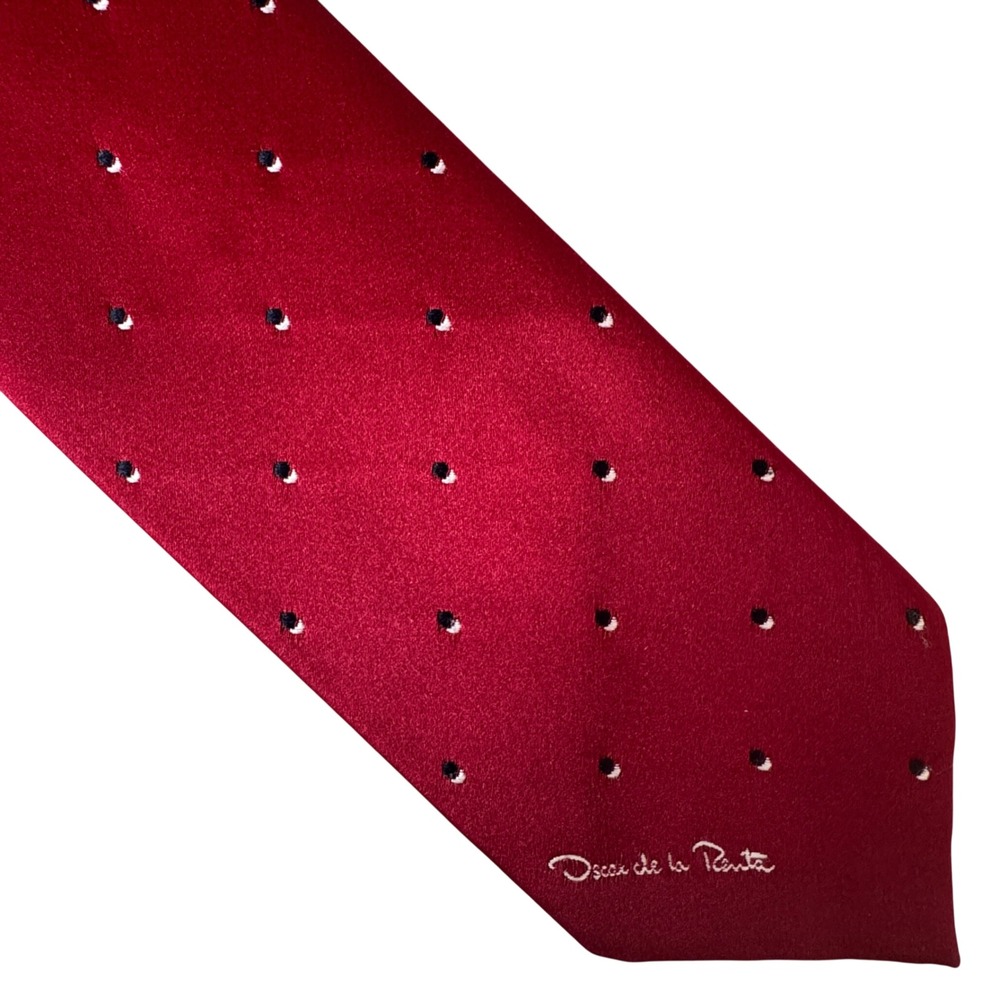 Oscar de la Renta Silk Tie Red Polka Dot Embroidered Logo Mens Designer Necktie